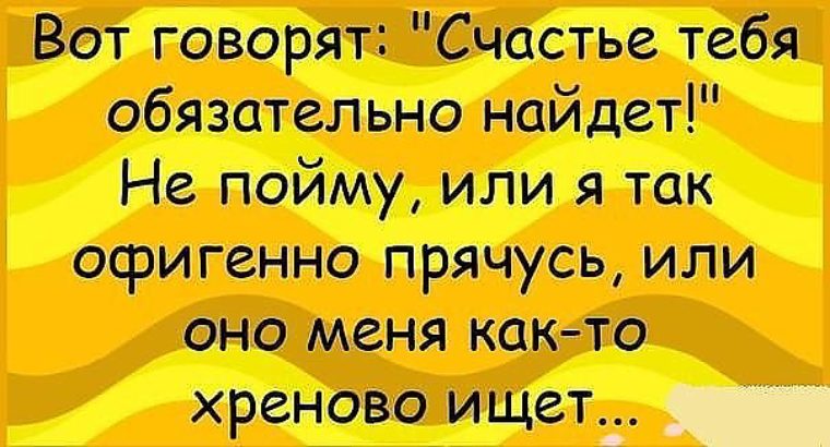 Ищу понимающего. Вот говорят счастье тебя обязательно. Или счастья так хреново ищет или я так офигенно прячусь. Говорят счастья меня обязательно найдет. Дорогая ты счастлива анекдот.